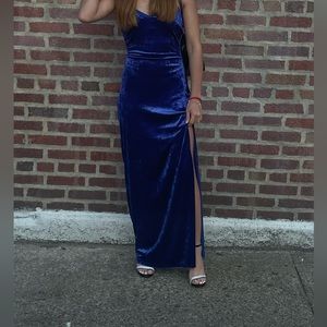 long royal blue velvet two trap dress with one strap on left side